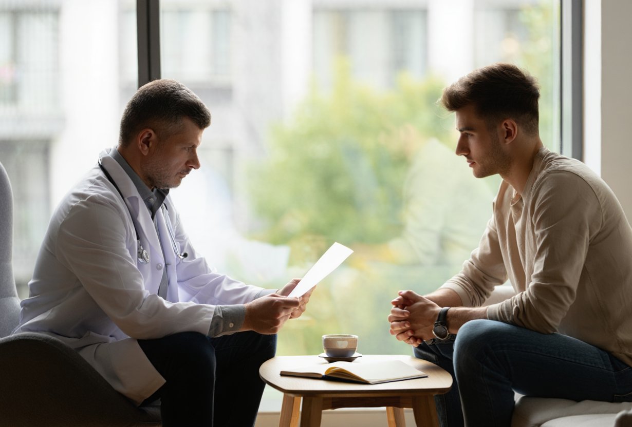 Мужчина сидит с врачом